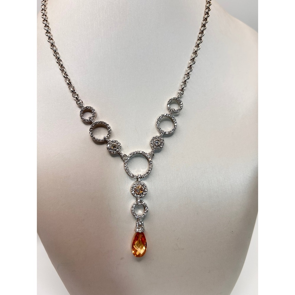 Cognac Teardrop CZ Necklace Women 16-19in Silver Tone New Rhodium Plated Y-Drop